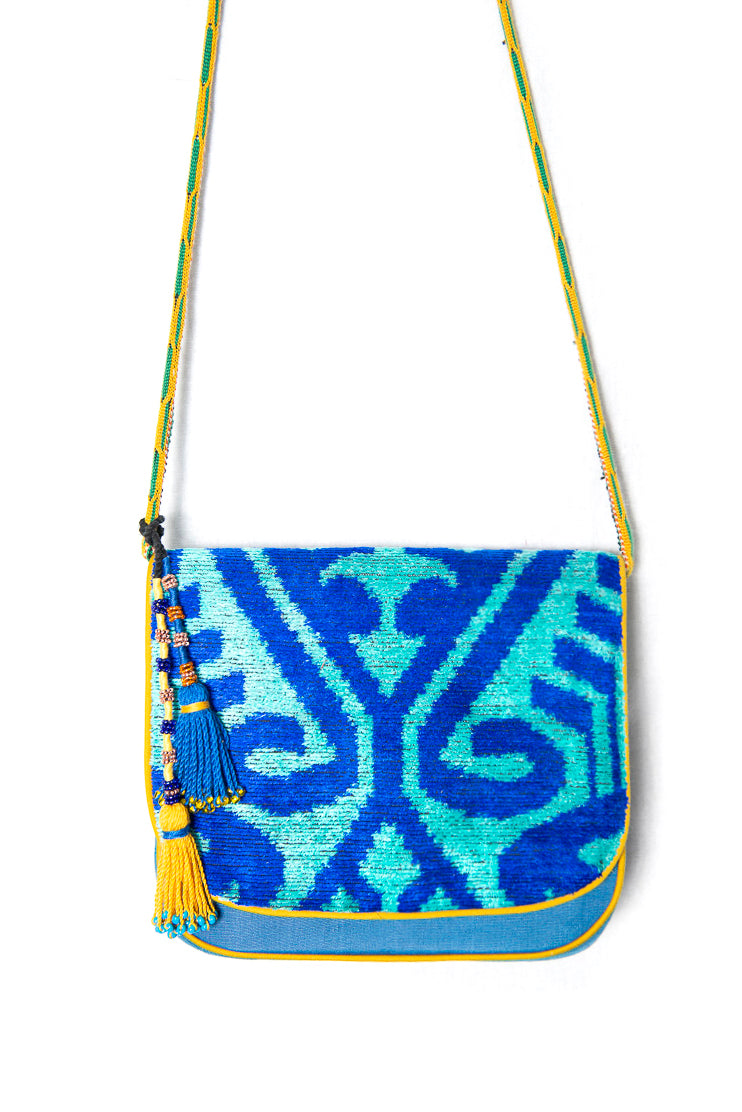 Aqua Silk and Velvet Ikat Shoulder Bag