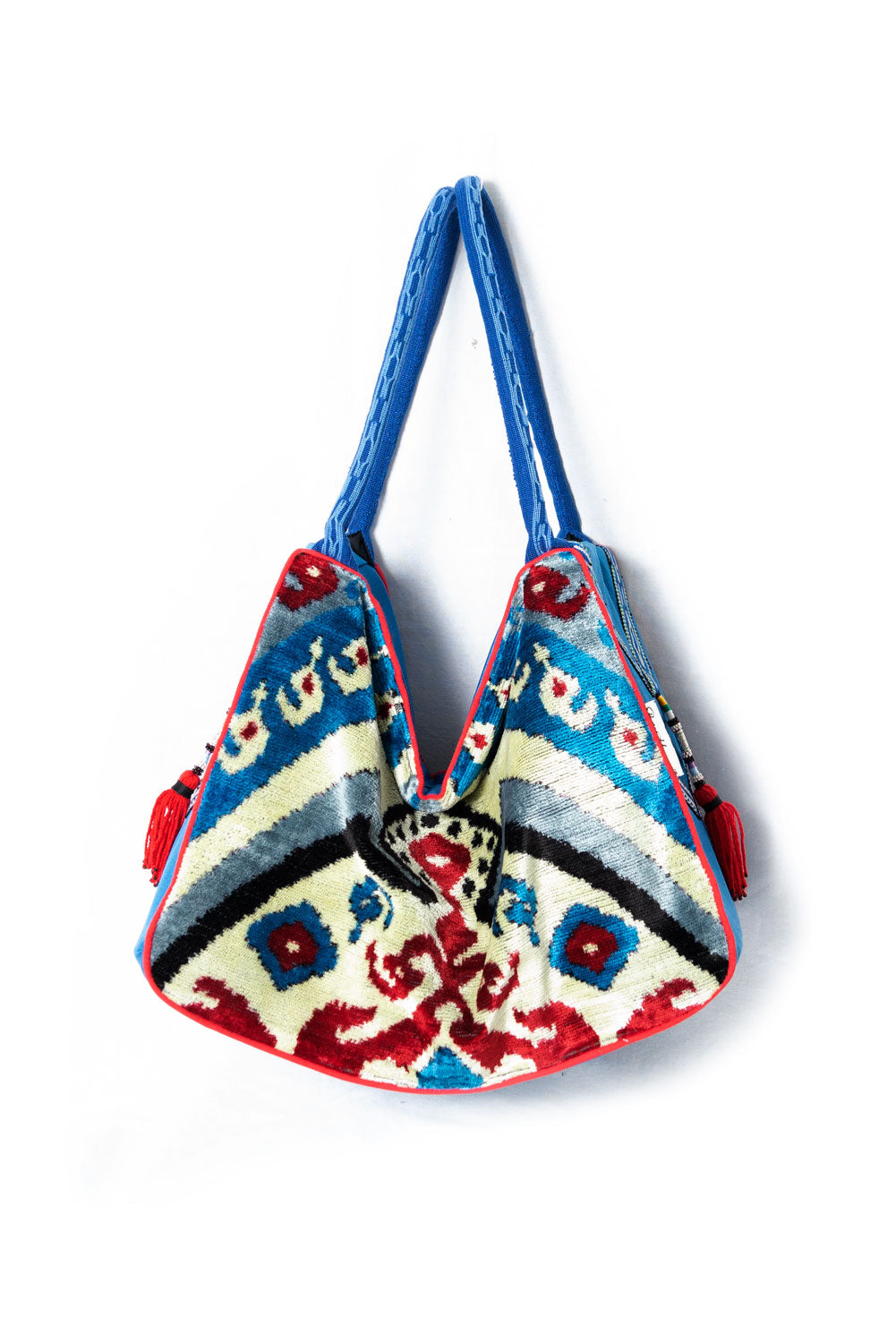 Blue and Red Silk Ikat Velvet Hobo Bag, Image