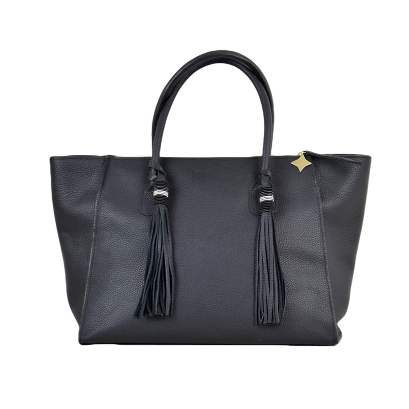 River Island Black Handbag, Tan Tassle And Gold Studded