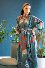 Green and Blue Abira Silk Ikat Kaftan Dress