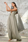 An enchanting Sage Green Greek Goddess Dress, perfect for any occasion. This elegant maxi dress features a flattering open back design, making it an ideal choice for a wedding guest or a bohemian-inspired event. The flowing, ethereal fabric and delicate details embody the essence of a Bohemian Gypsy Maxi Dress, exuding a Boho Sexy Elegant vibe.