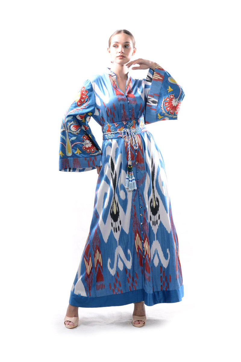 Baby Blue and White Suzani Sleeve Robe-Dress with Suzani Belt