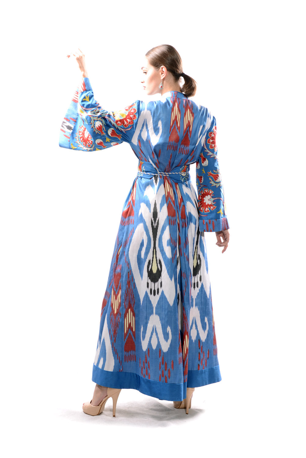 Baby Blue and White Suzani Sleeve Robe-Dress with Suzani Belt