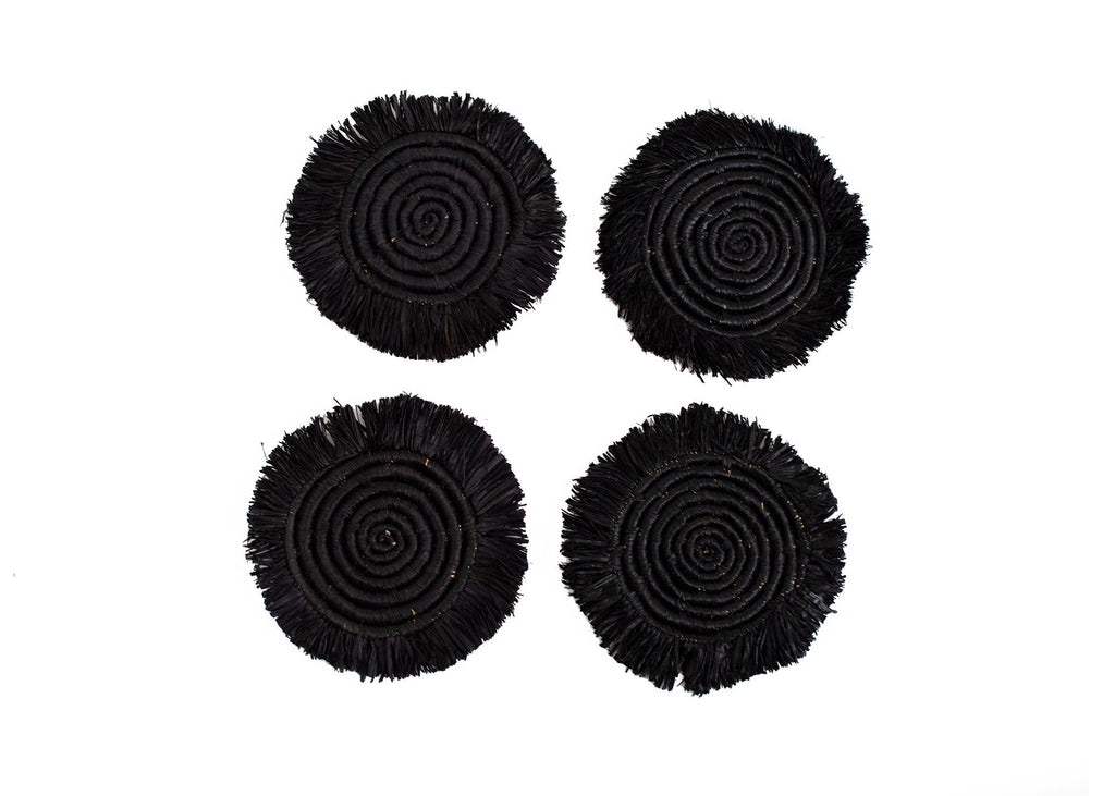 Modern Fringed Coasters - Black, Set of 4 by Kazi Goods - Wholesale, Image