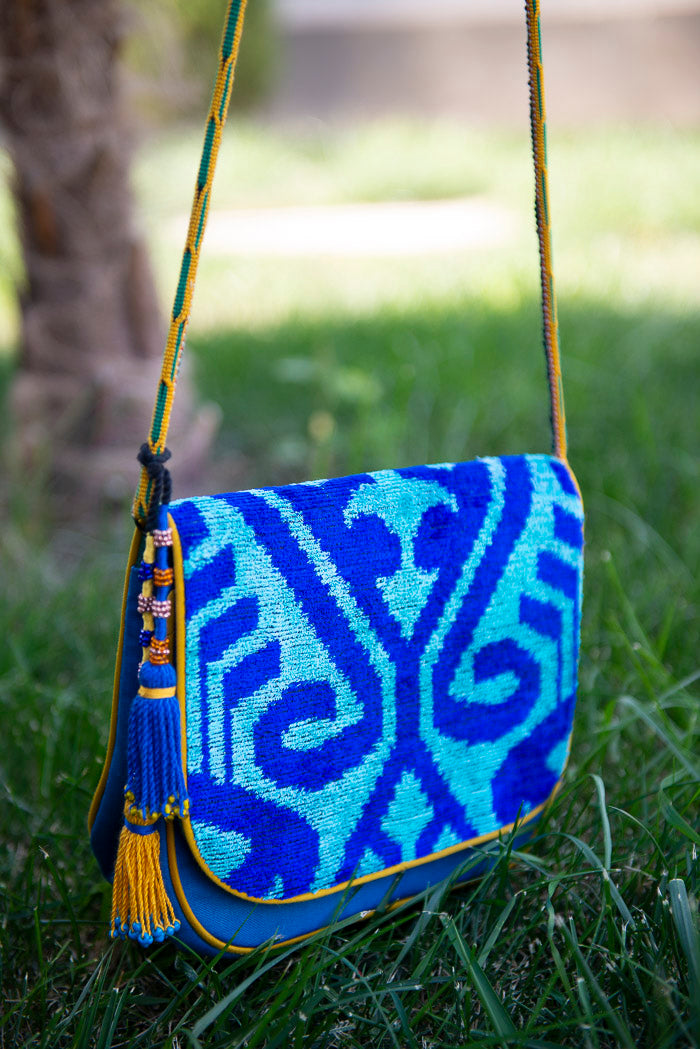 Aqua Silk and Velvet Ikat Shoulder Bag