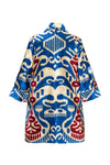 Anora Luxury Silk Ikat Velvet Shawl Collar Jacket | Blue and Red, Image
