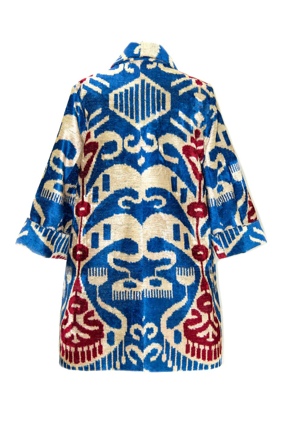 Anora Luxury Silk Ikat Velvet Shawl Collar Jacket | Blue and Red, Image