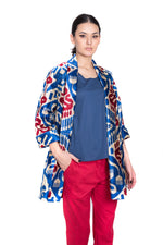 Anora Luxury Silk Ikat Velvet Shawl Collar Jacket | Blue and Red, Image