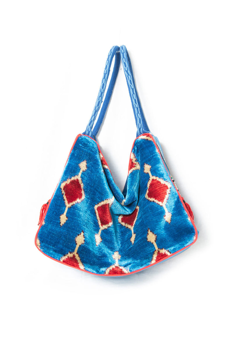Blue and Red Silk Ikat Velvet Hobo Bag, Image