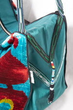 Aqua and Burgundy Silk Ikat Velvet Hobo Bag, Image