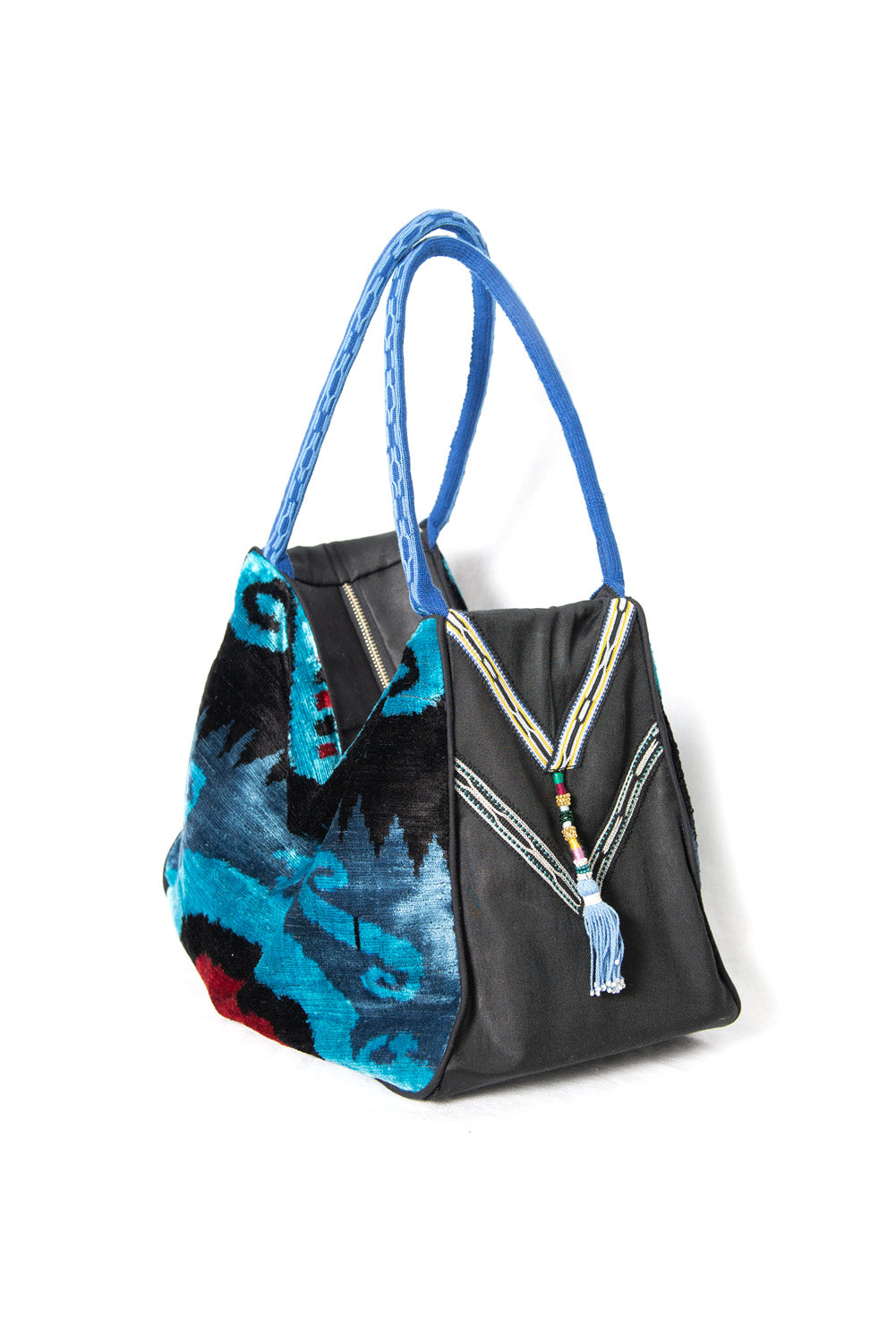 Blue and Black Silk Ikat Velvet Hobo Bag, Image