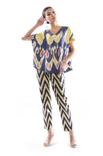 Purple and Yellow Silk Ikat V-Neck Top, Image