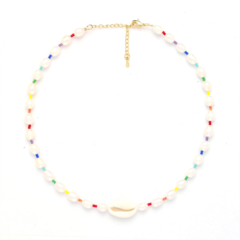 Freshwater Pearl Cowrie Shell Rainbow Choker