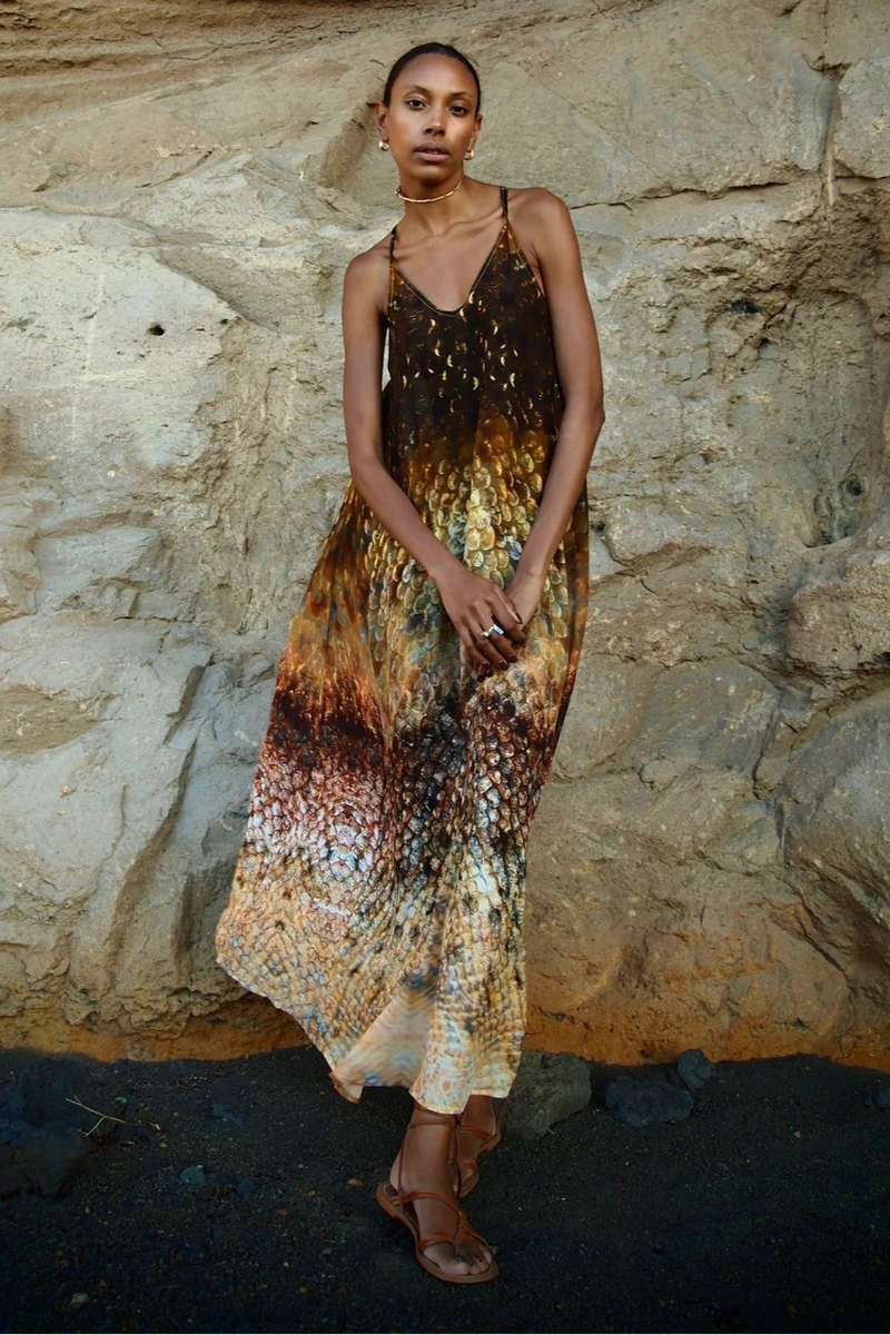 the siren dress in silk chiffon Siren A bias cut silk chiffon slip with an inner corset and organic draping. Enigma Collection 2026