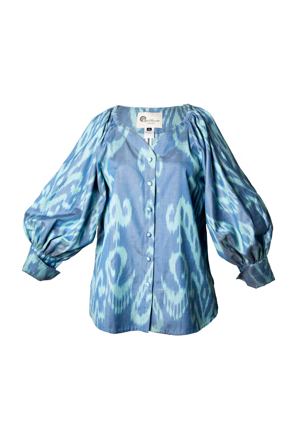 Blue and Aqua Ikat Top with Puff Sleeves