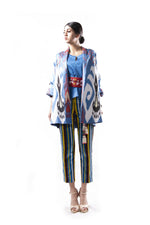 Baby Blue and White Silk Ikat Shawl Collar Jacket