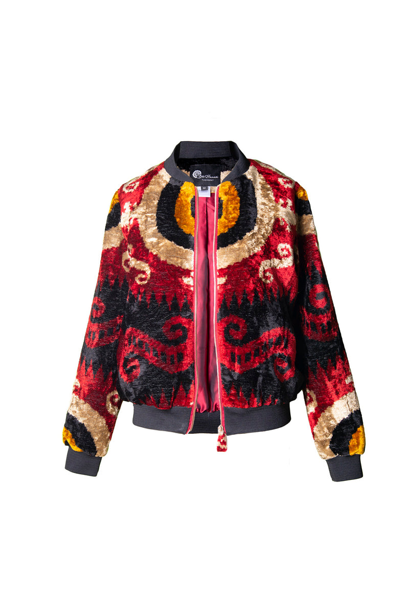 Red Silk Ikat Velvet Bomber Jacket