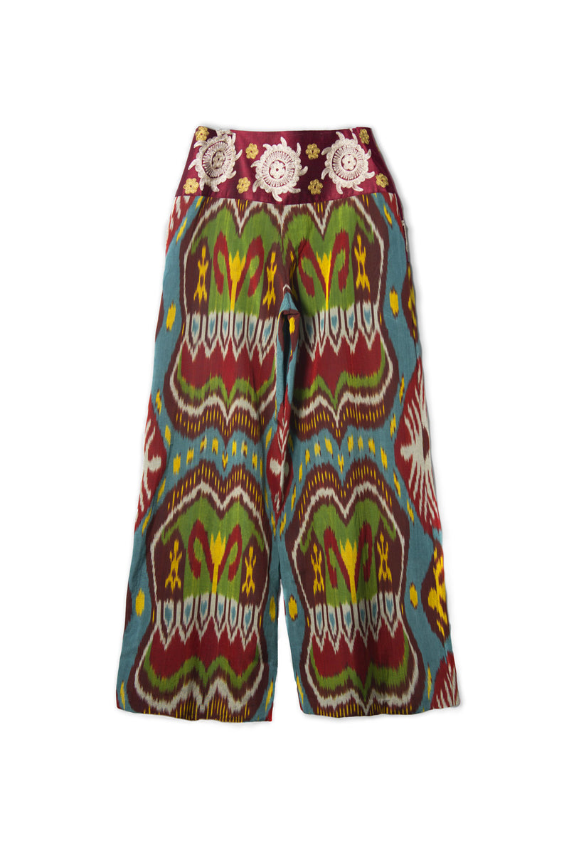 Embroidered Ikat Wide-Leg Pants