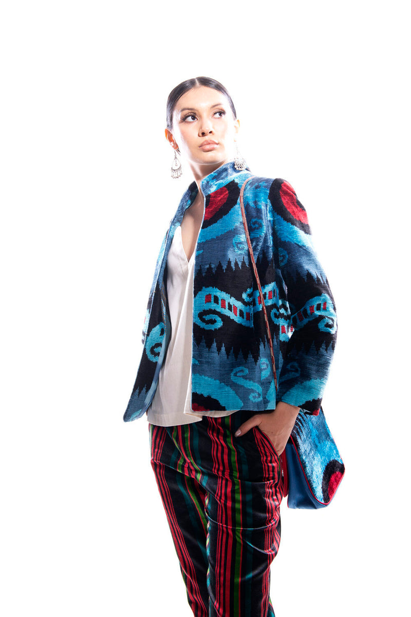 Blue and Red Short Silk Ikat Velvet Jacket with Stand Collar