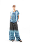 Blue and Aqua Silk Ikat V-Neck Top