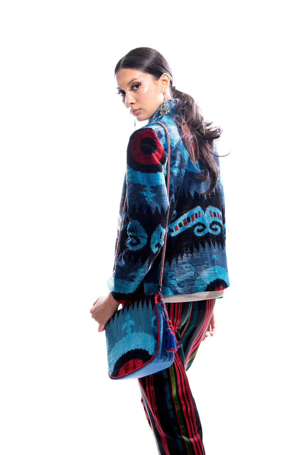 Blue and Red Short Silk Ikat Velvet Jacket with Stand Collar