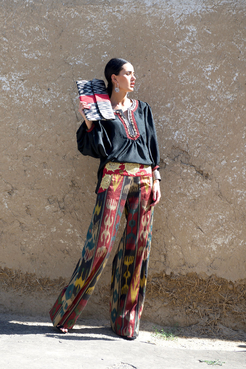 Embroidered Ikat Wide-Leg Pants