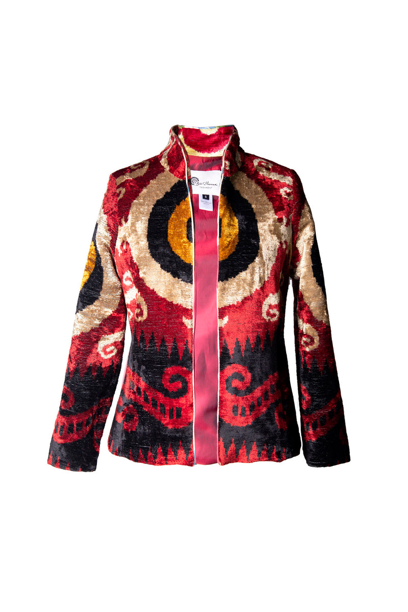 Red Silk Ikat Velvet Short Jacket with Stand Collar