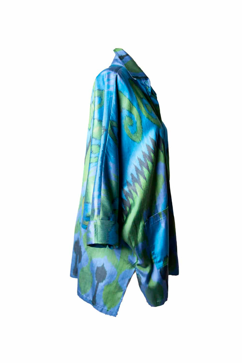 Blue and Green Oversize Batwing Ikat Shirt