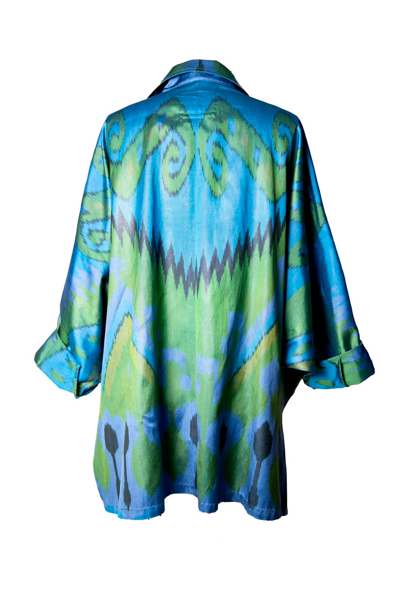 Blue and Green Oversize Batwing Ikat Shirt