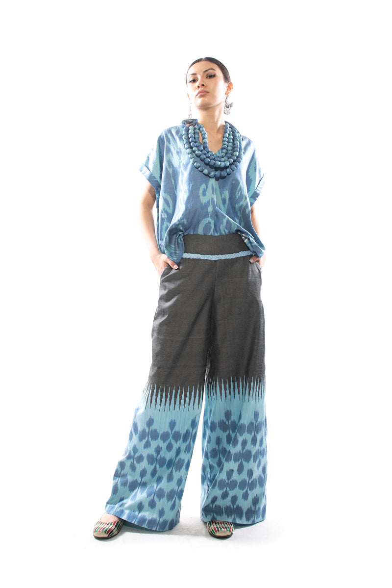 Blue and Aqua Silk Ikat V-Neck Top