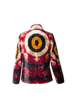 Red Silk Ikat Velvet Short Jacket with Stand Collar