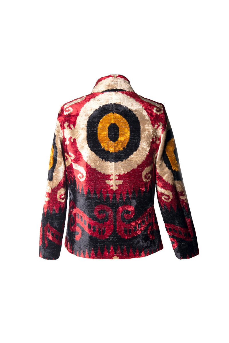 Red Silk Ikat Velvet Short Jacket with Stand Collar