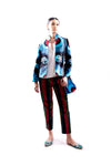 Blue and Red Short Silk Ikat Velvet Jacket with Stand Collar