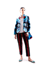 Blue and Red Short Silk Ikat Velvet Jacket with Stand Collar