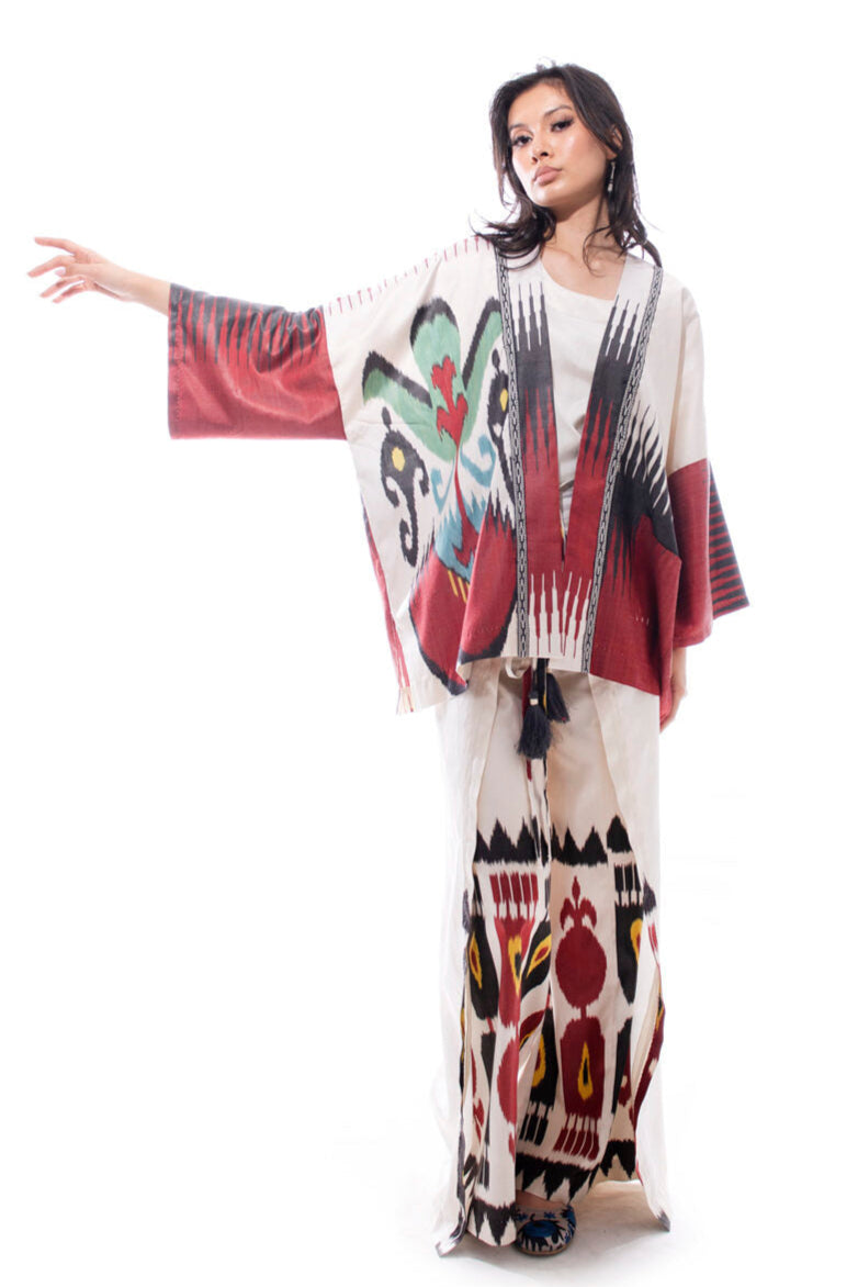 White and Red Short Kimono  Jacket