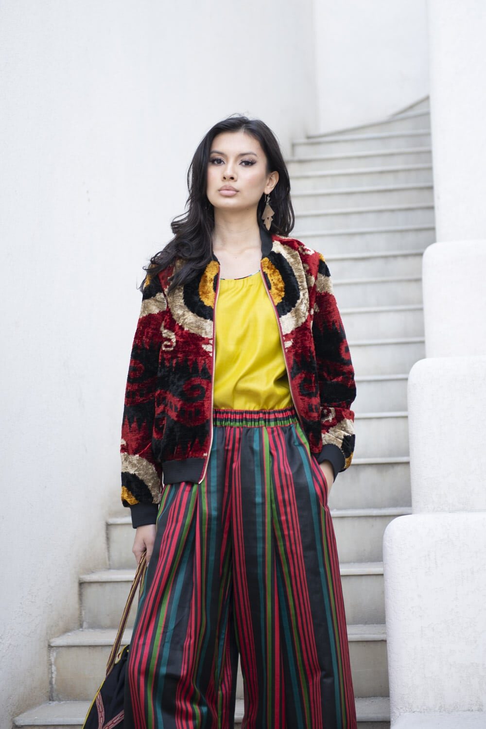 Red Silk Ikat Velvet Bomber Jacket