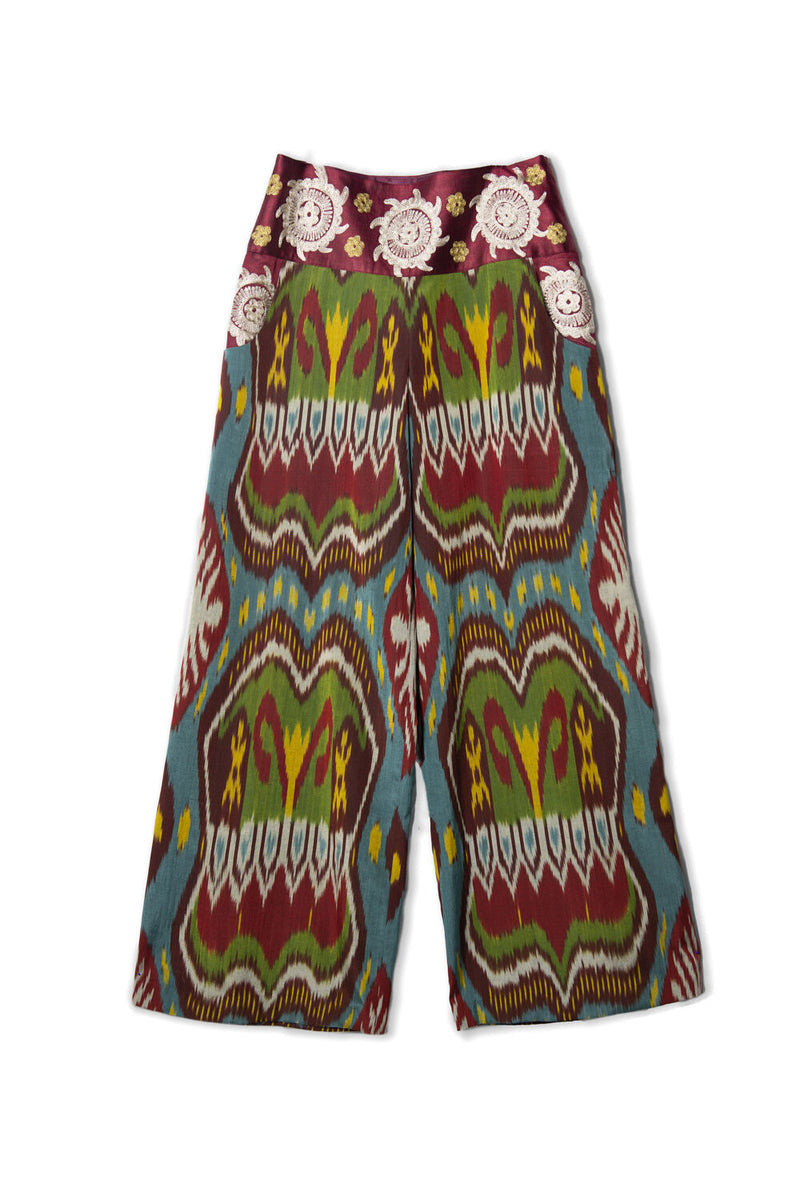 Embroidered Ikat Wide-Leg Pants