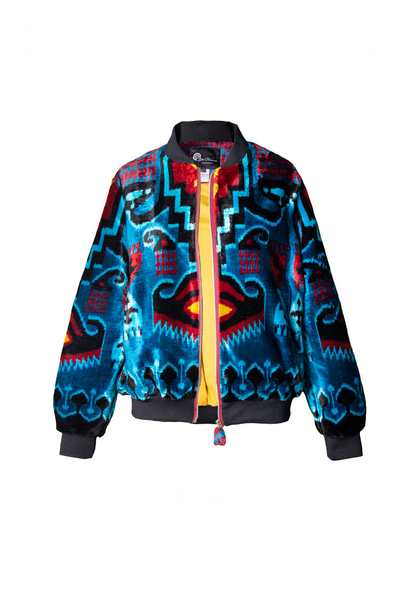 Blue with Red Silk Ikat Velvet Bomber Jacket