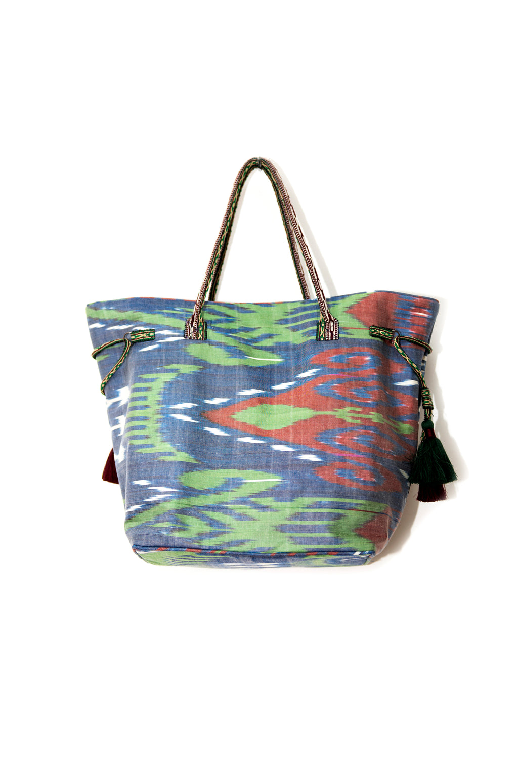 Expandable Ikat Bag with Tassels Green