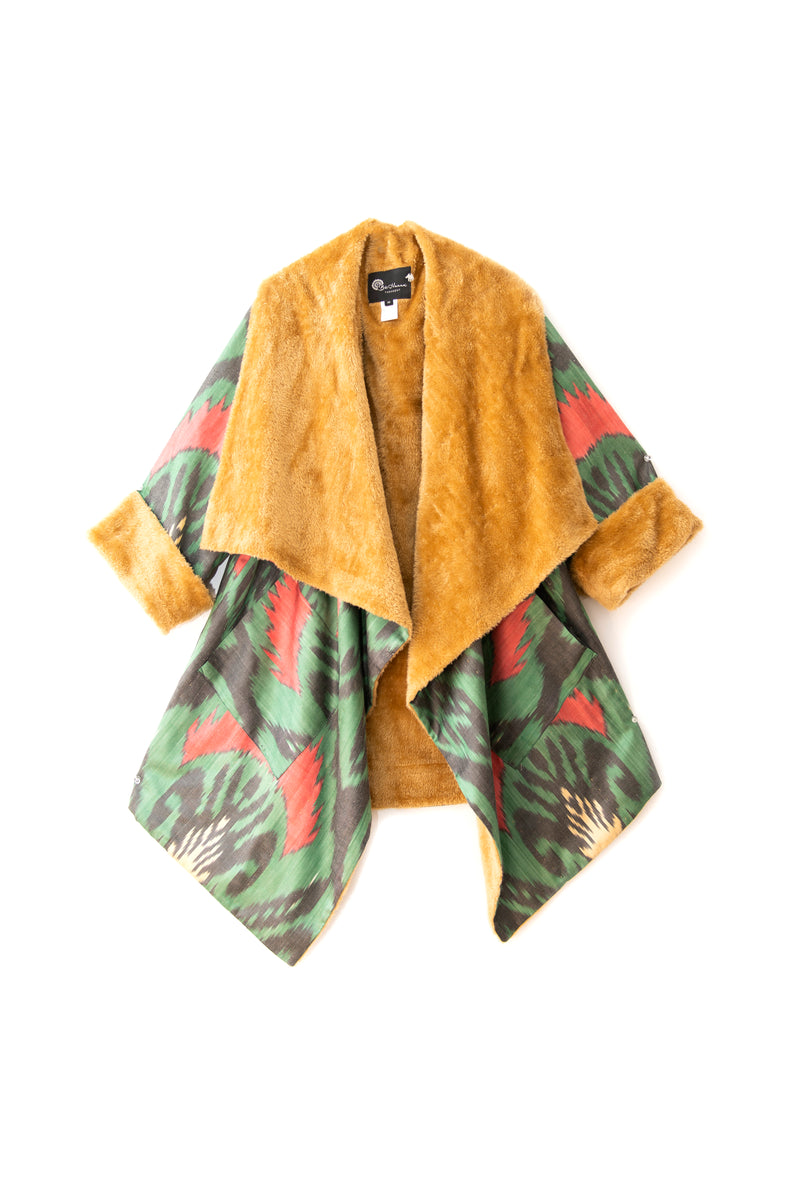 Asymmetric Ikat Jacket with Fleece Green