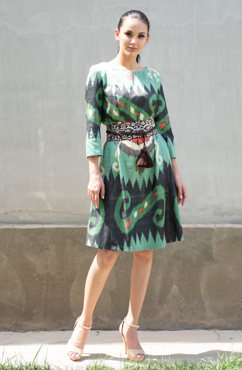 Ikat Dress With Embroidered Belt