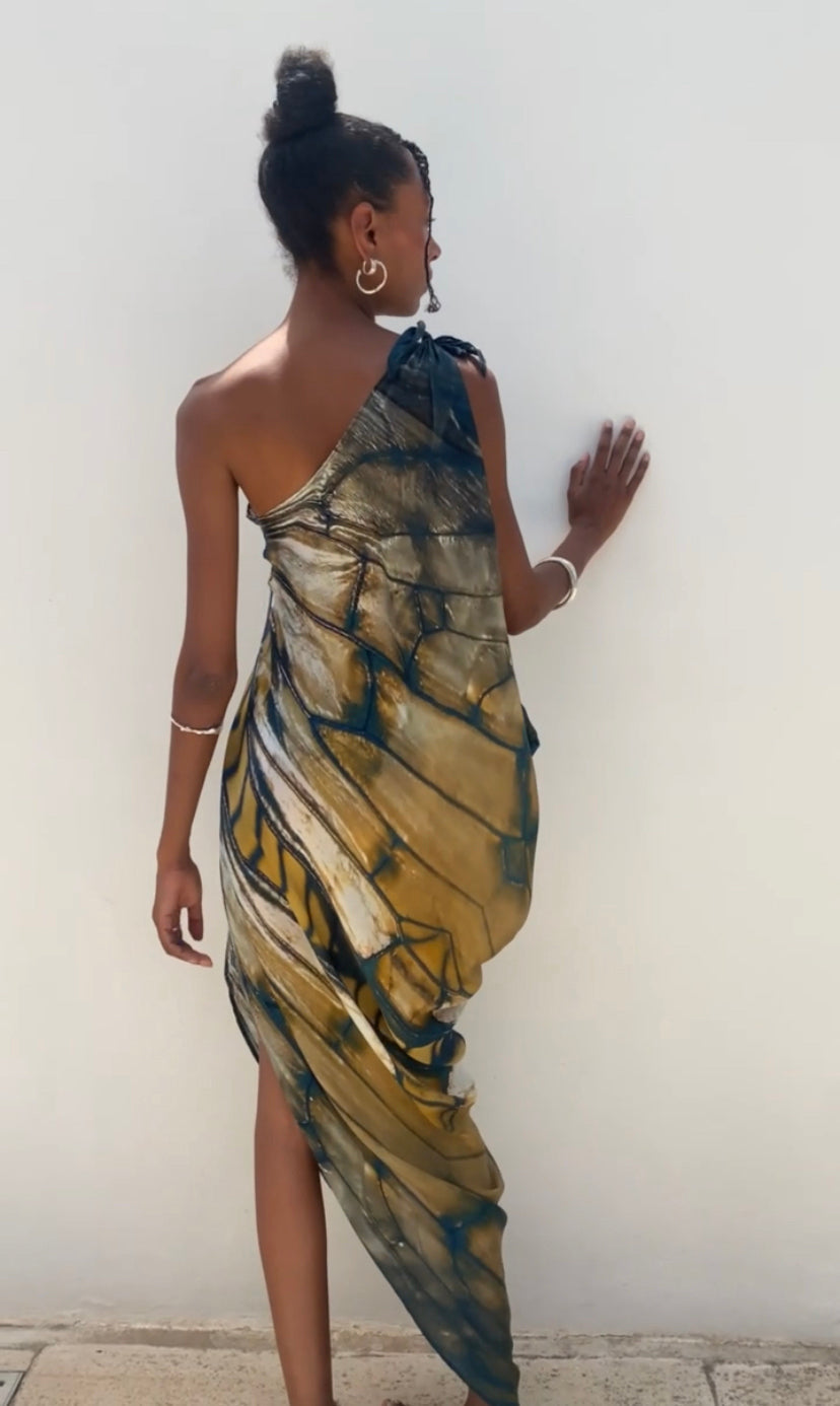 sarong one shoulder gown