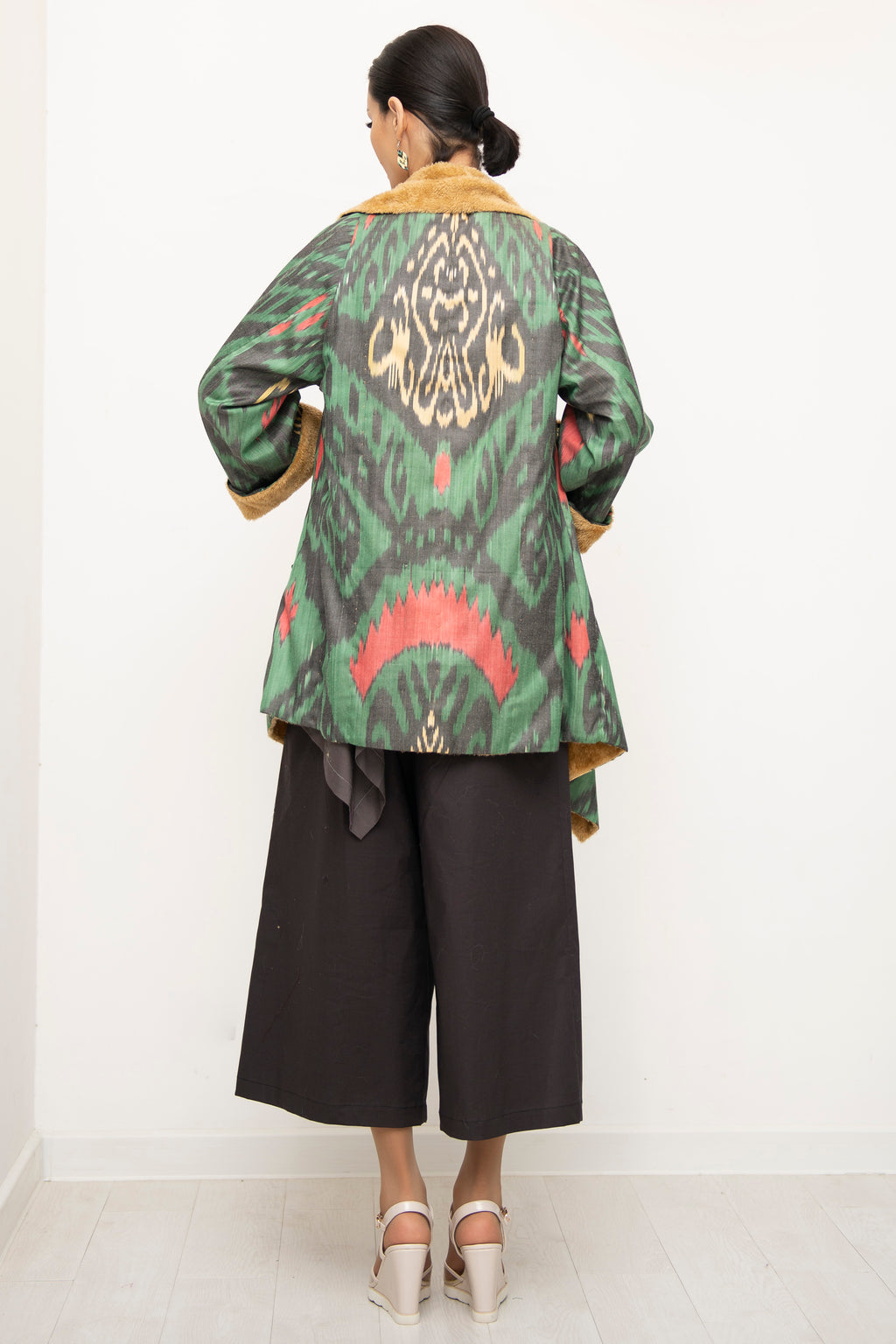 Asymmetric Ikat Jacket with Fleece Green