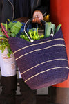 Midnight Blue Pinstripe Bolga Shopper with Leather Handles Swahili, Image