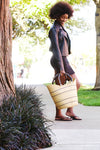 Natural Pinstripe Bolga Shopper with Leather Handles Swahili, Image
