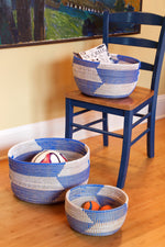 Set of Three Blue Herringbone Sewing Baskets, Image