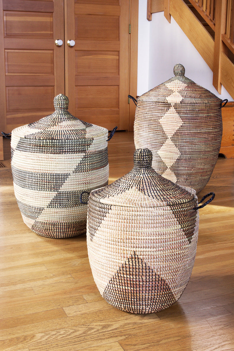 Set of Three Black and Beige Mixed Pattern Hampers, Image