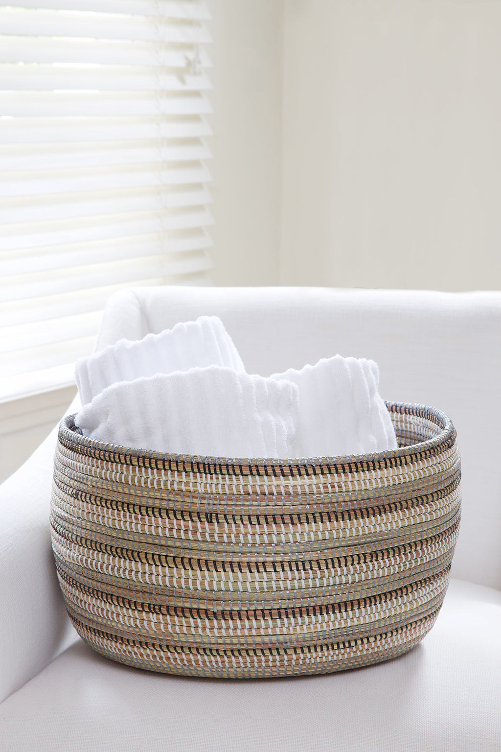 Black, Silver & White Striped Knitting Basket Swahili, Image